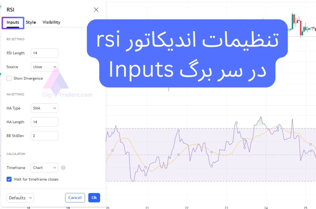 تنظیمات اندیکاتور rsi در سر برگ Inputs