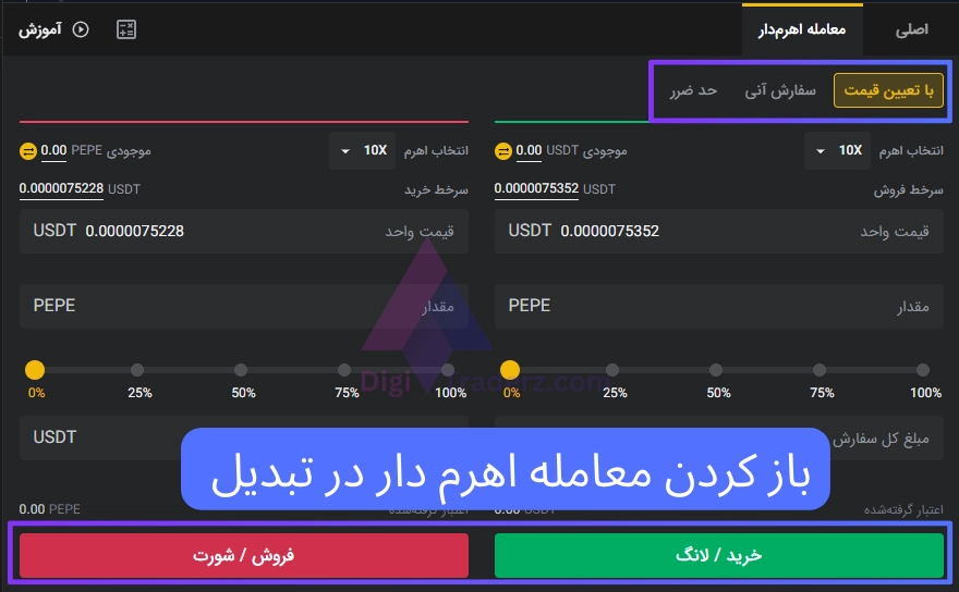 باز کردن معامله اهرم دار در تبدیل