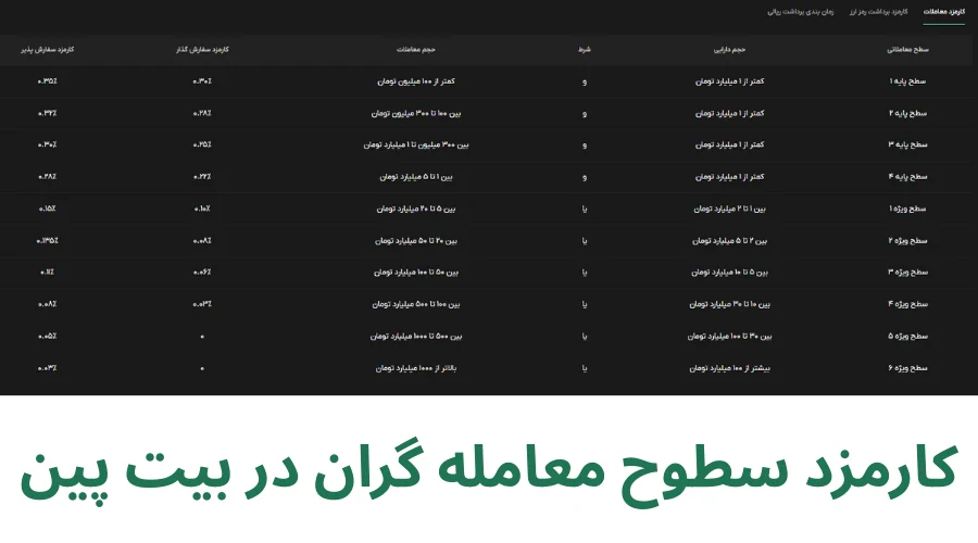 سطوح کارمزدی در معاملات صرافی بیت پین