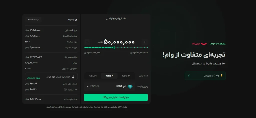 پنل درخواست وام با پشتوانه ارز دیجیتال در بیت پین